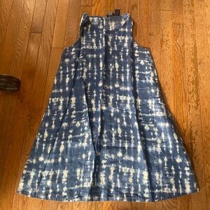 blue and white shibori tie dye linen mini sundress